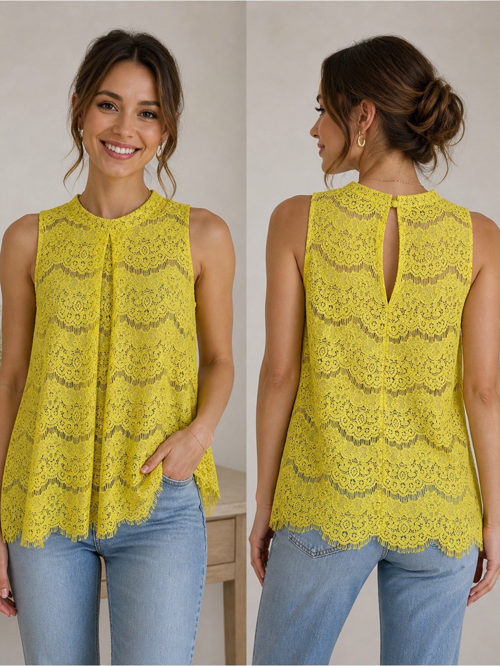 Women’s Pins And Needles Neon Yellow Tank With Lace Overlay Size large.